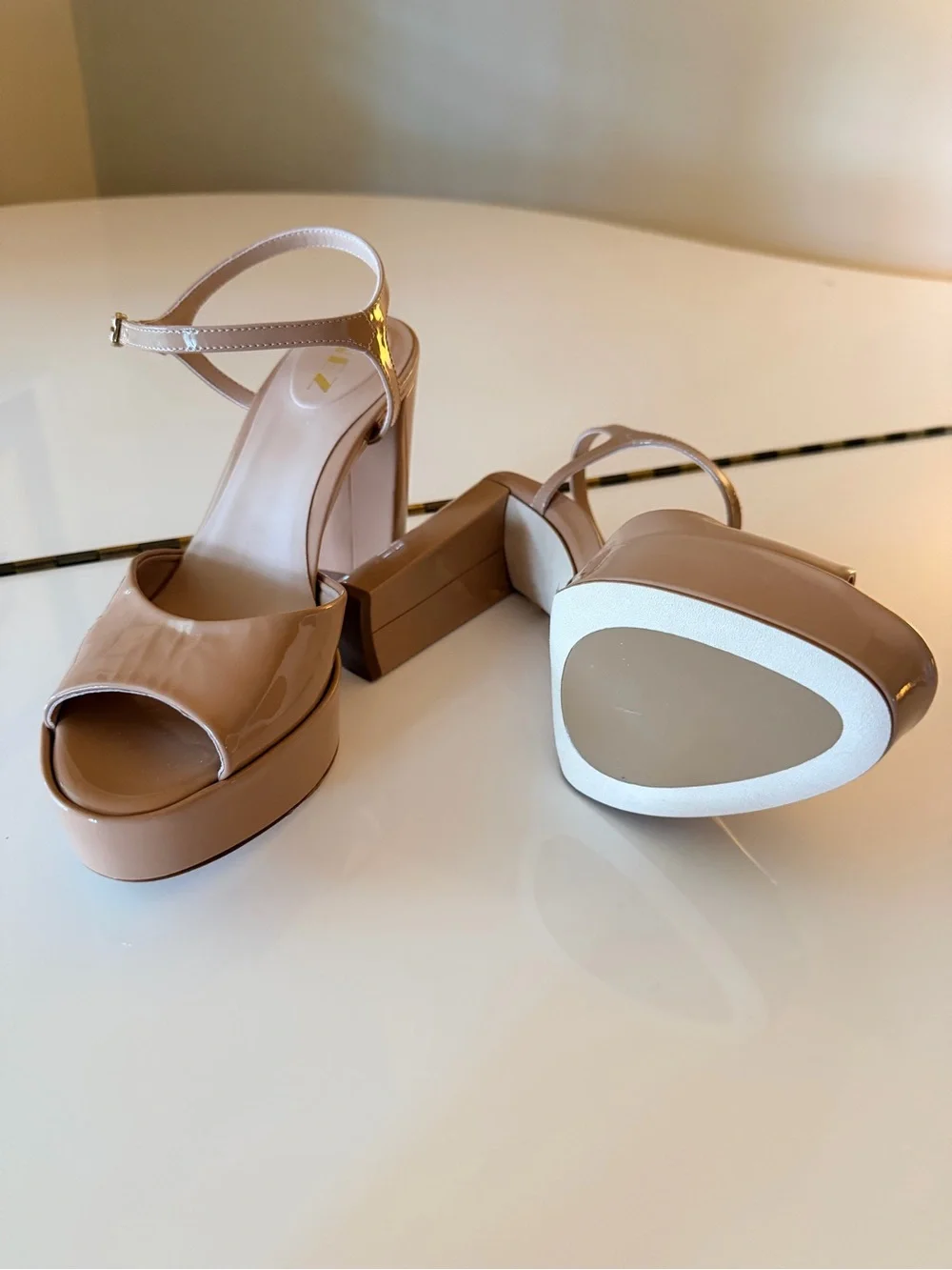 Inez Patent Nude Platform Slingback Heels with Ankle Strap
